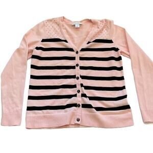 Pink, Black Stripe Cotton Blend V-Neck Cardigan Knit Sweater, Metal Beading, S